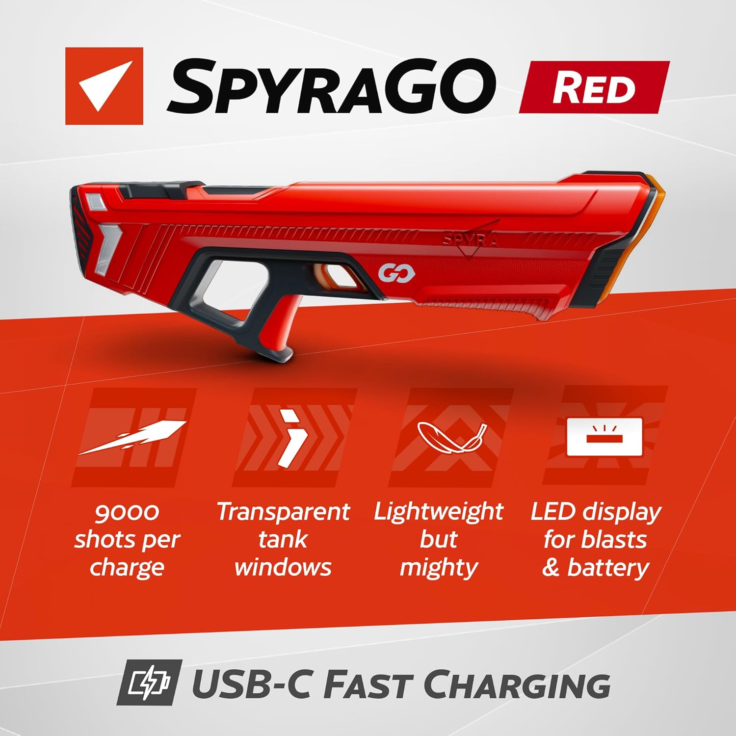 SPYRA Electric Water Blaster, Outdoor Squirt Gun with LED Display, SpyraGO, Red - Automatic Water Blast Guns for Beach, Backyard, Patio, and Garden