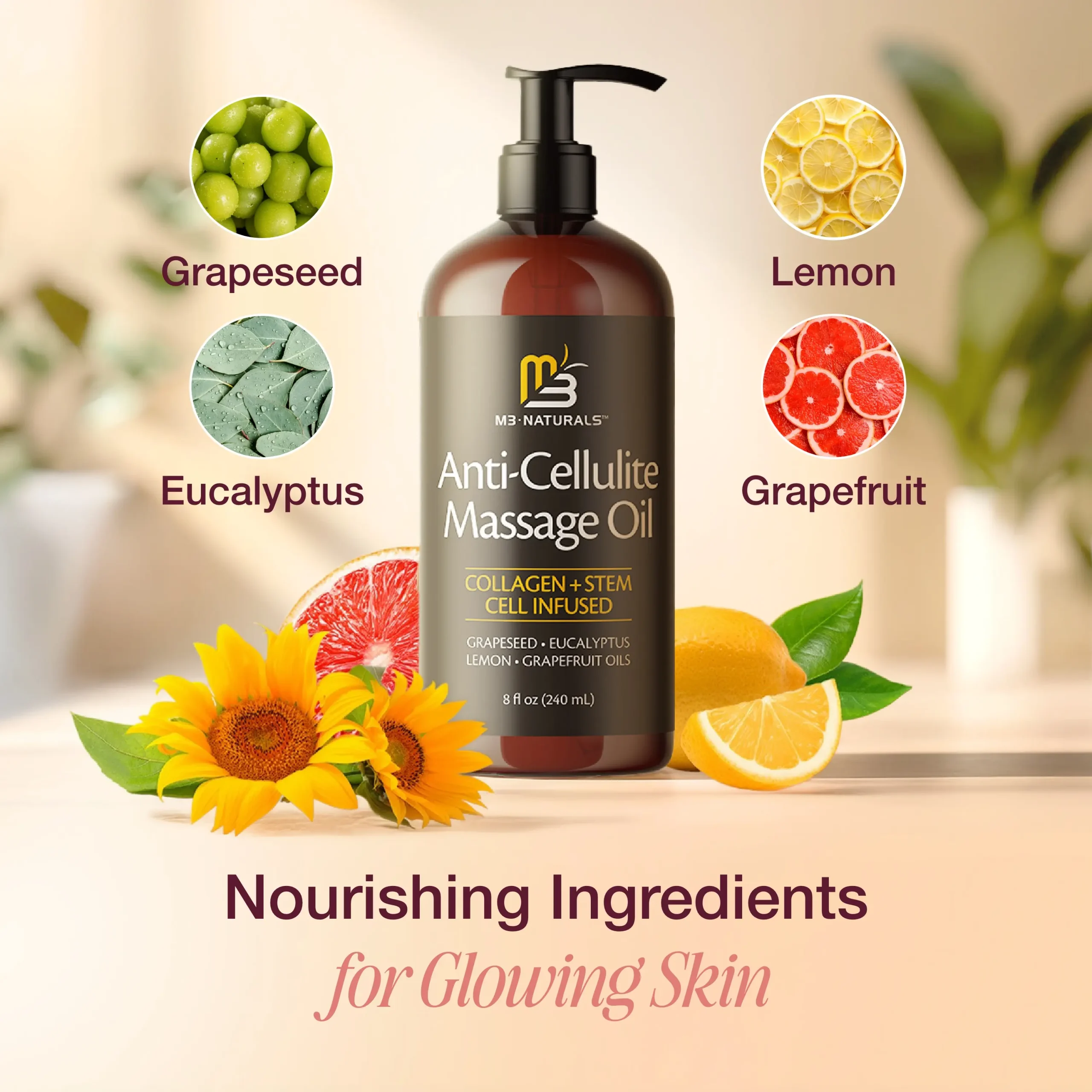 M3 Naturals Anti Cellulite Massage Oil 8oz - Smooth the Appearance of Cellulite - Body Care & Skin Care Massage Oil - Topical Collagen and Plant Stem Cell Body Oil to Restore Texture and Elasticity - Soothing Body Oil Moisture #TikTokShopSummerSale